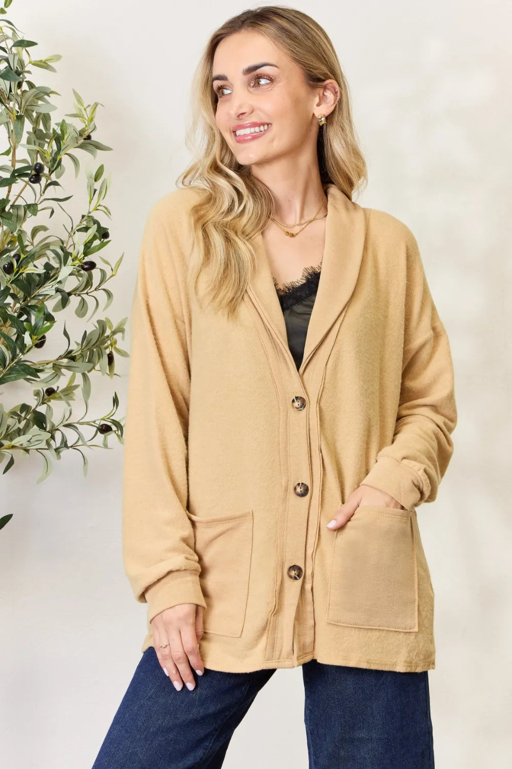 Heimish Full Size Button Up Long Sleeve Cardigan Gold ab0748f49d0647da8913c4dbac0e4300-Max
