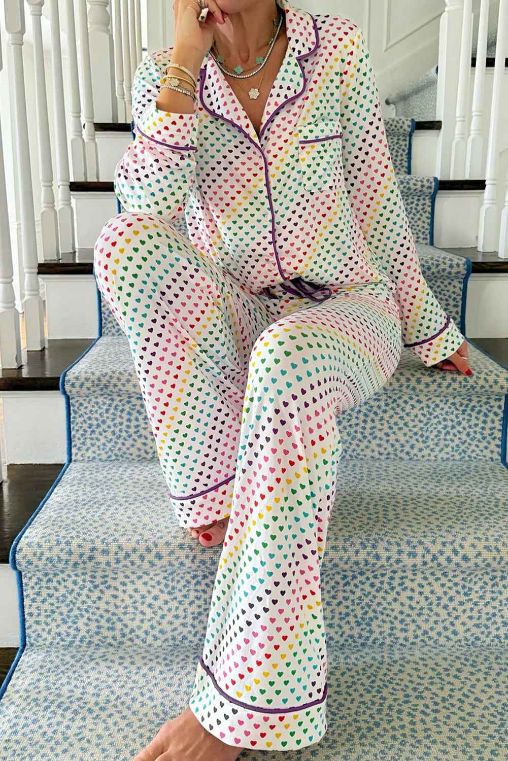 White Pride Heart Print Valentines Long 2pcs Pajama Set White 95%Polyester+5%Elastane ab09d3d78661690d