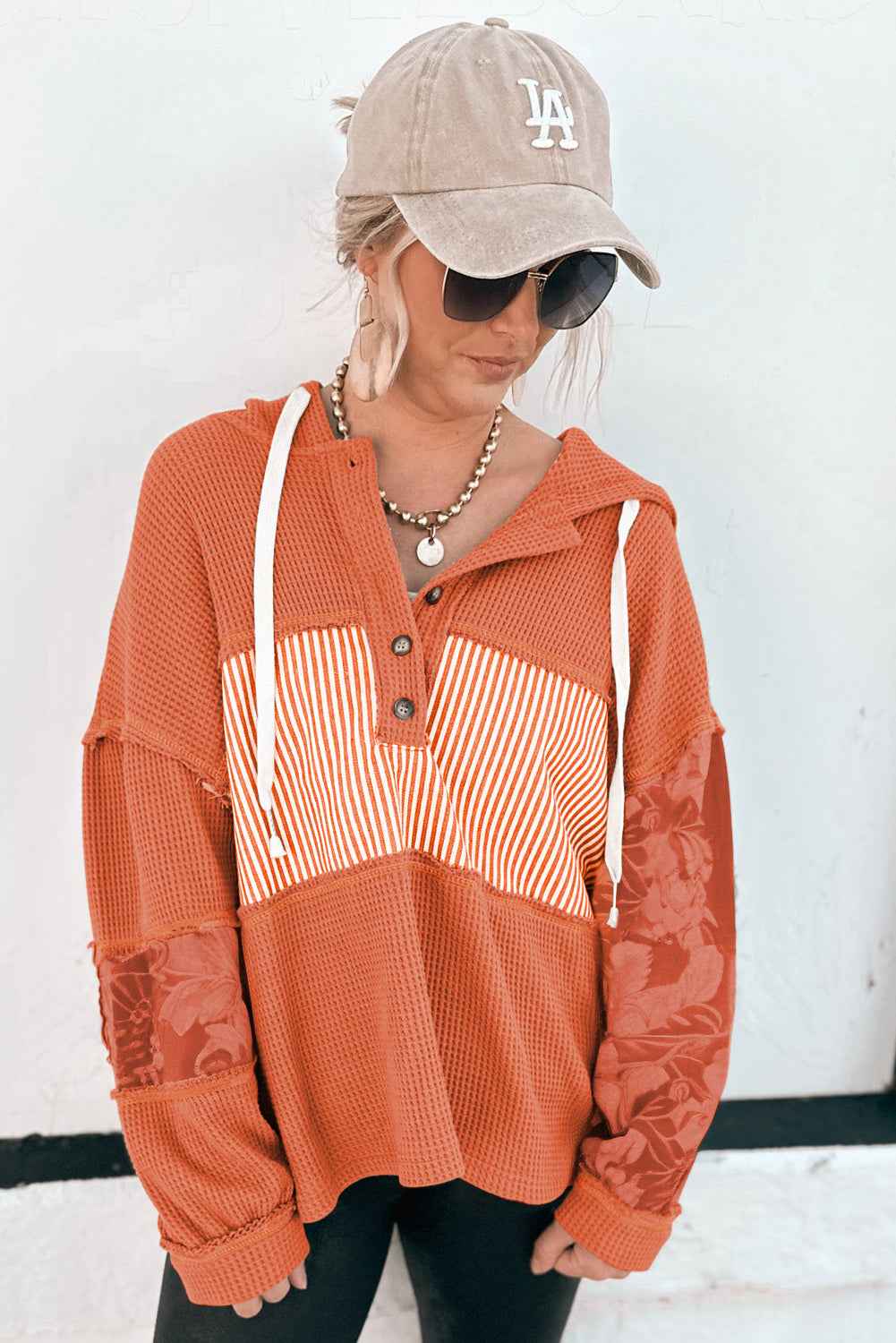 White Waffle Printed Patchwork Drawstring Hooded Long Sleeve Top ab0ebc1358fd9c53
