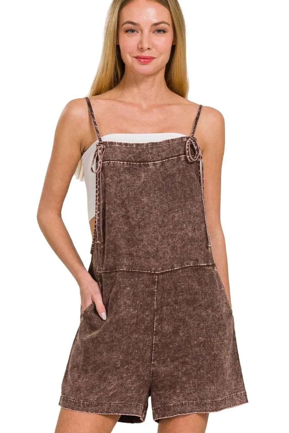 Zenana Washed Linen Knot Strap Rompers BROWN ab0f72e9-9192-432f-a6ac-b29633ad119d-Max-Origin