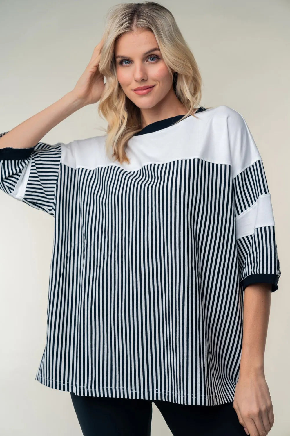 White Birch Full Size Striped Contrast Round Neck Top Black ab0ff008-3760-4801-b81c-ed564ad3aea9-Max