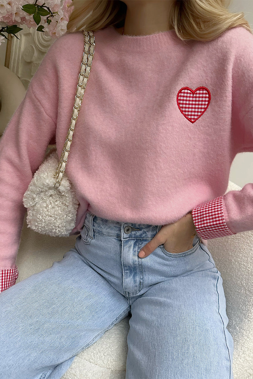 Light Pink Plaid Heart Embroidered Cuffed Drop Shoulder Crew Neck Sweater ab11e50610dcc044