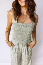 Green Smocked Bodice Square Neck Sleeveless Floral Jumpsuit ab12a4e597050054