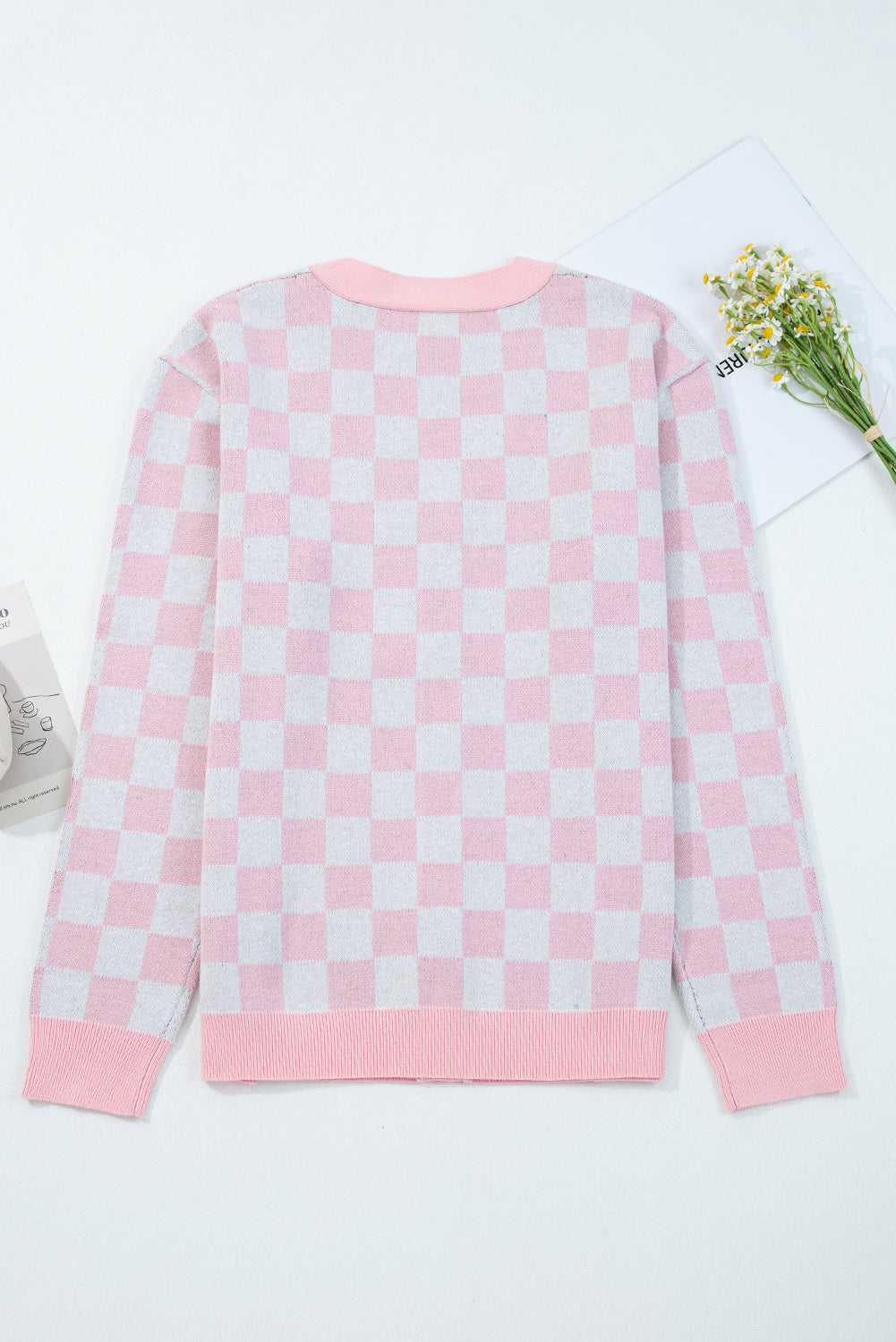 Red Checkered Christmas Tree Pattern Button V Neck Knit Cardigan ab1408721f68cb1d