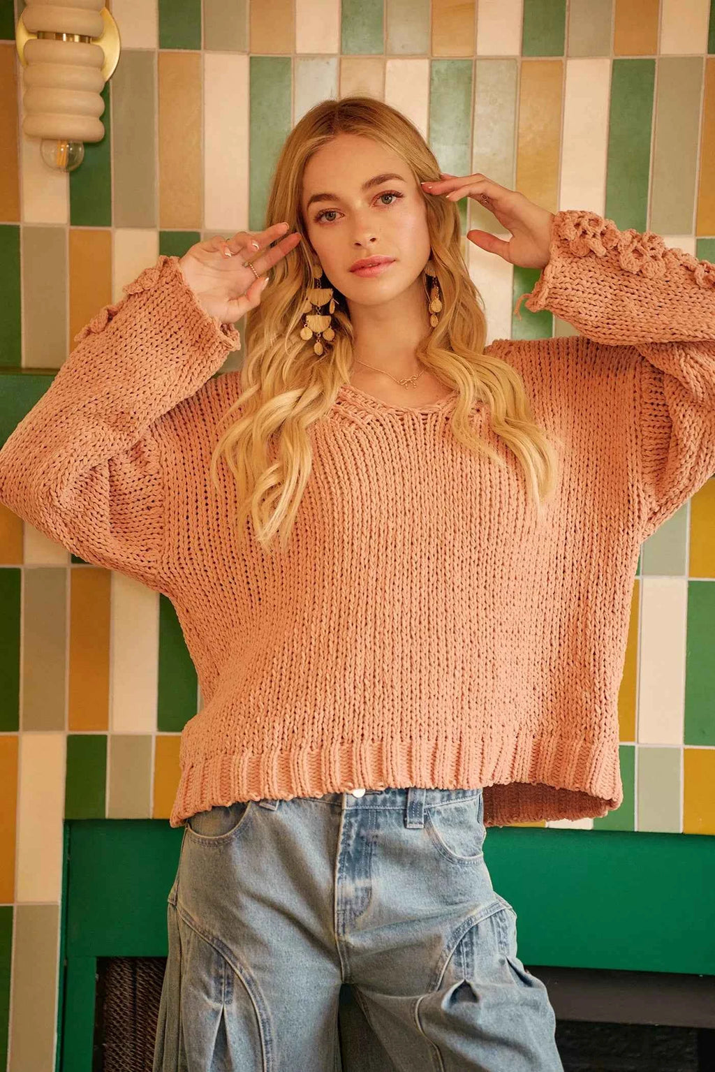 BiBi Chunky Knit Sweater with Flower Detail Sleeves ab15d22292ef4a328630bdff52b368f8-Max-Origin