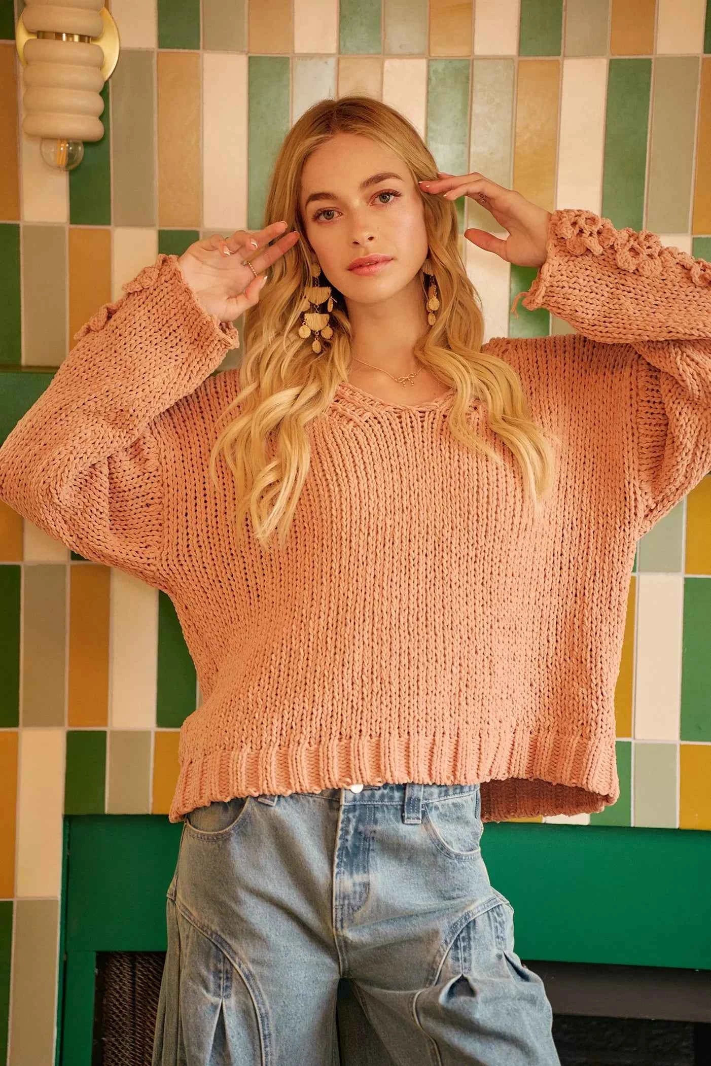 BiBi Chunky Knit Sweater with Flower Detail Sleeves ab15d22292ef4a328630bdff52b368f8-Max-Origin