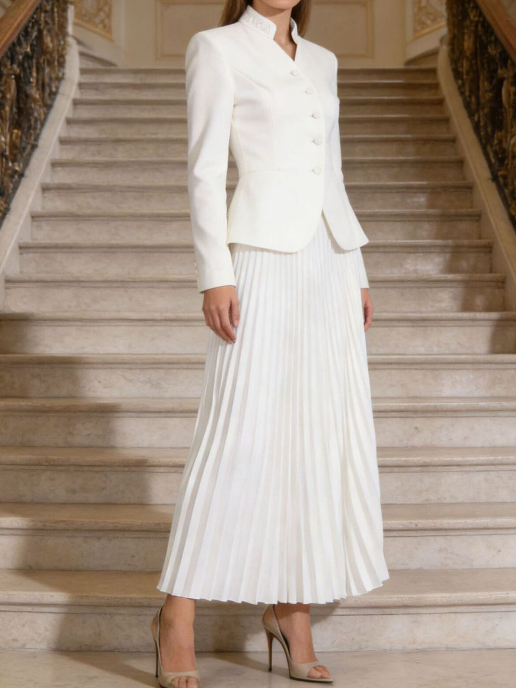 Button Up Long Sleeve Top and Pleated Skirt Set White ab15e437-3b70-40ba-9566-1af1895b7b7f-Max