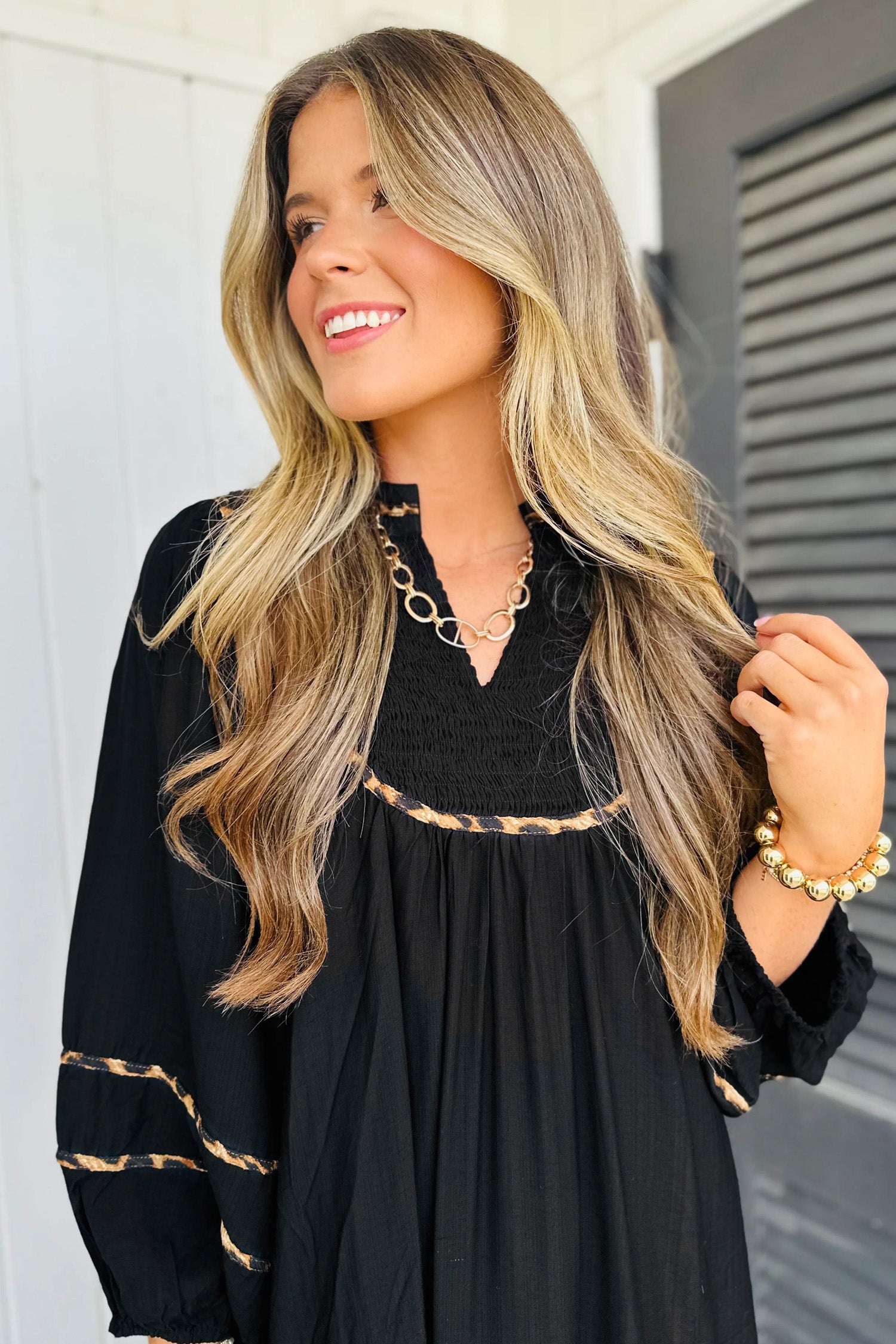 Black Contrast Leopard Trim Split Neck Long Sleeve Casual Midi Dress ab17c5ffc4d6d755