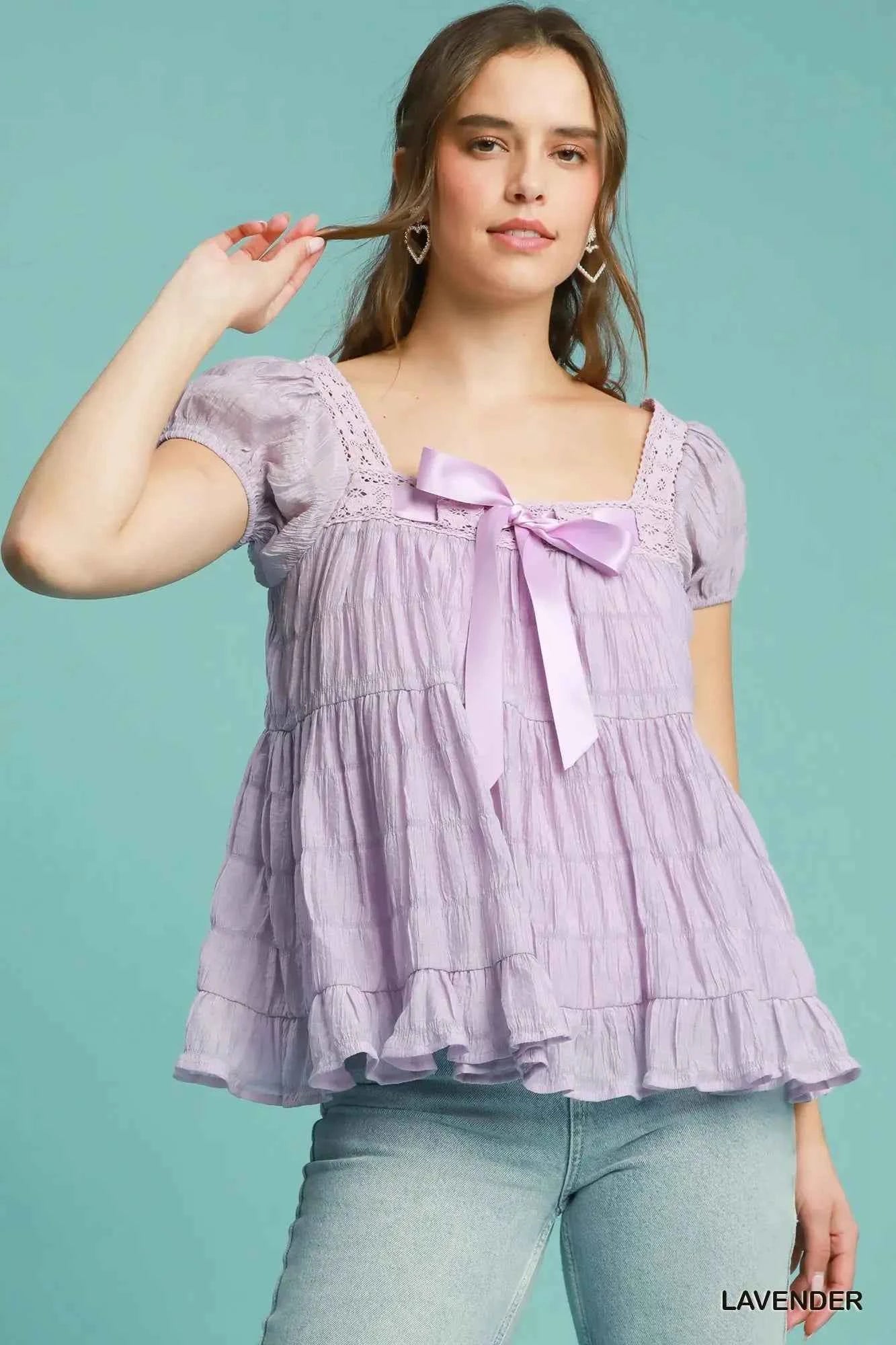 Umgee Textured Square Neck Bow Tie Blouse with Ruffle Hem
