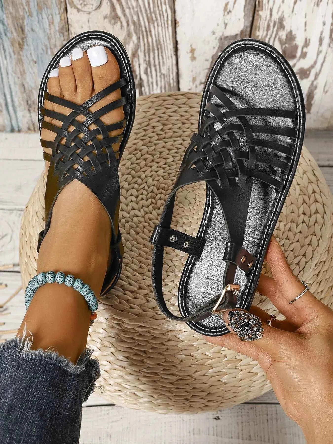 Woven Strappy Flat Sandals Black ab1c92264d164eec9b2621622b66bcd8-Max-Origin