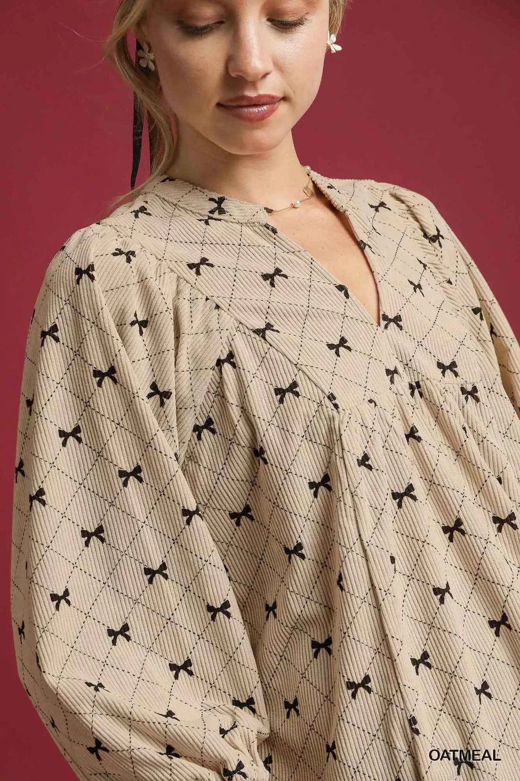 Umgee Corduroy Bow Print Balloon Sleeve Blouse ab1d83ee-0838-4885-8b2d-2757e3ac90cb-Max-Origin