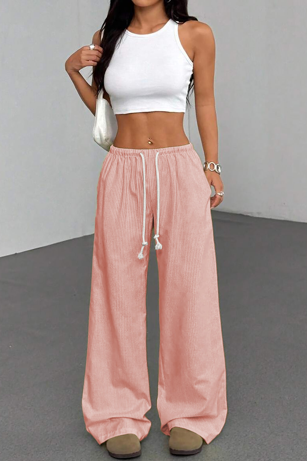 Pink Stripe Drawstring Plus Size Loose Pants ab1d93d1513345c9