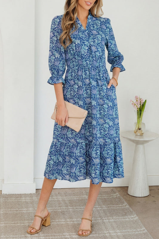Sky Blue Floral Printed Frilled V Neck Bracelet Sleeve Long Dress ab1e22b485bbe6a6