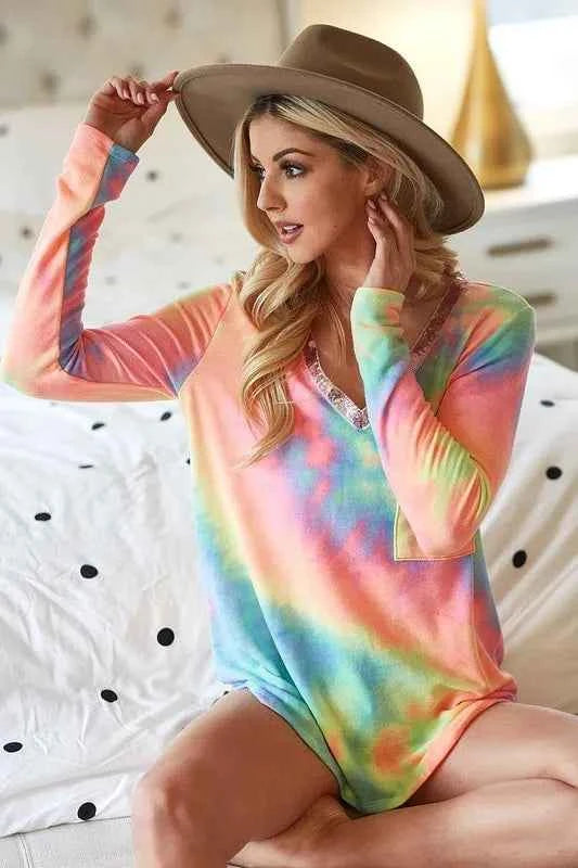 BiBi Tie Dye V-neck Terry Knit Top With Sequins ab20e223d3ce424dac487e861b7896df-Max-Origin