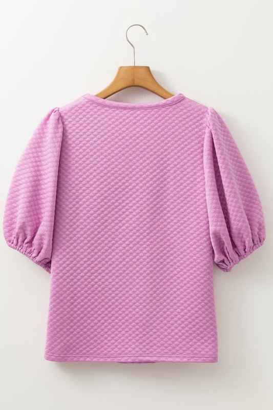Solid Textured Round Neck Puff Sleeve Blouse ab2a02d2-5b06-4ee9-bf51-479fe84432af