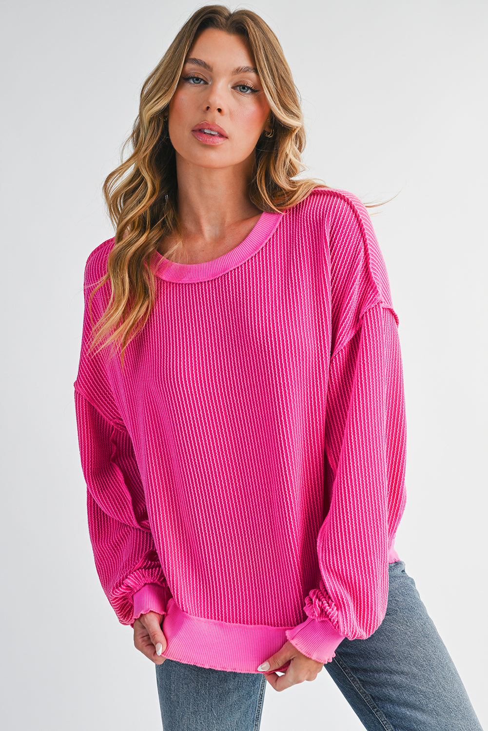 Strawberry Pink Twisted Ribbed Seamed Patchwork Long Sleeve Top ab2b40d5185f7b09
