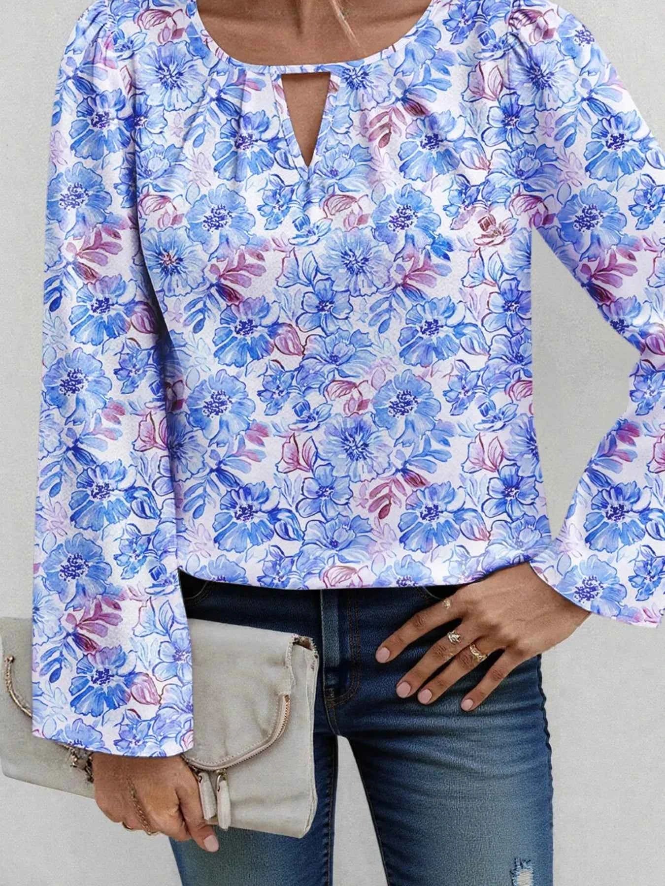Floral Print Keyhole Neck Blouse ab329ee689944546a75cff2d209906b0-Max-Origin