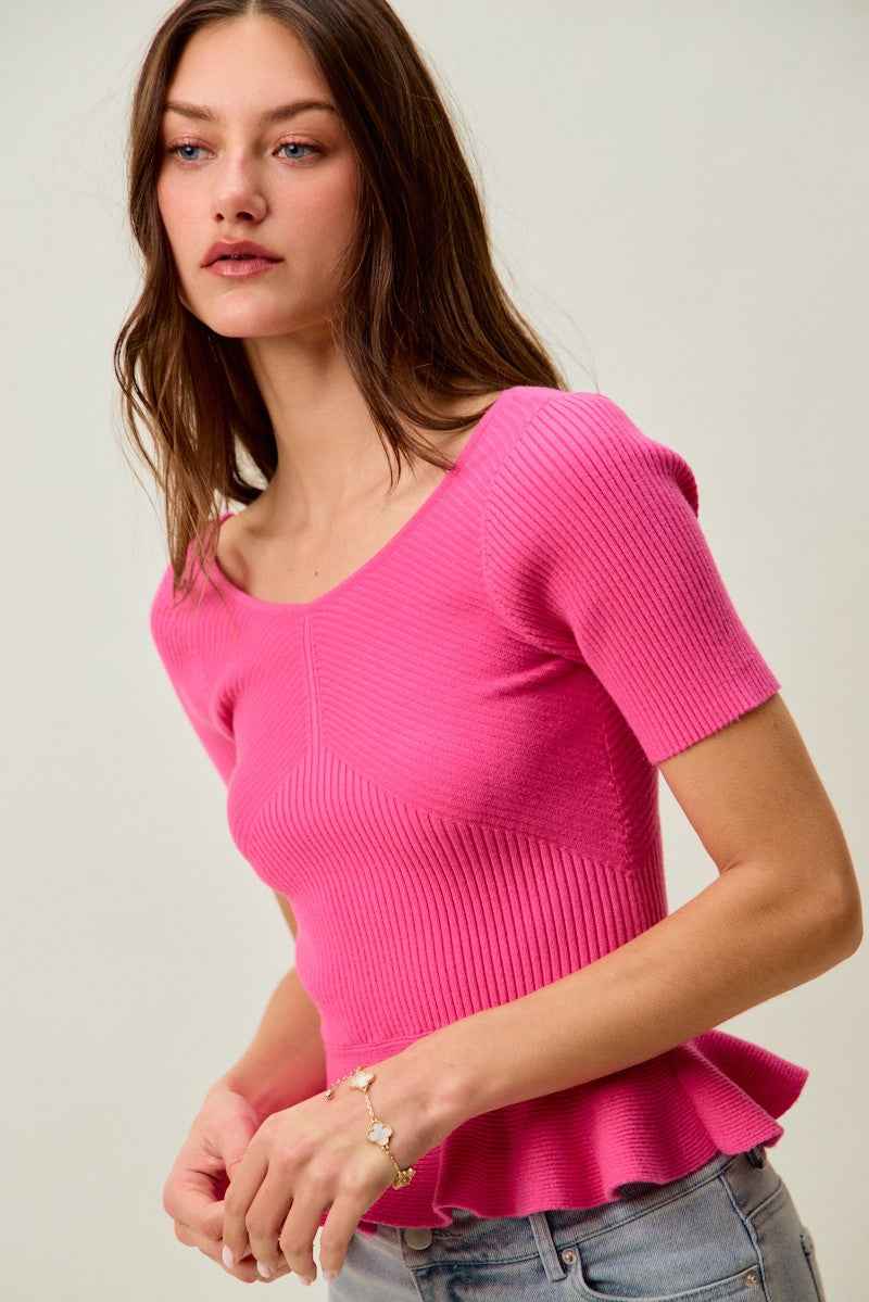 SO ME Ribbed Knit Short Sleeves Peplum Sweater Top ab3647f31bb54645a576e51b61d9b126-Max