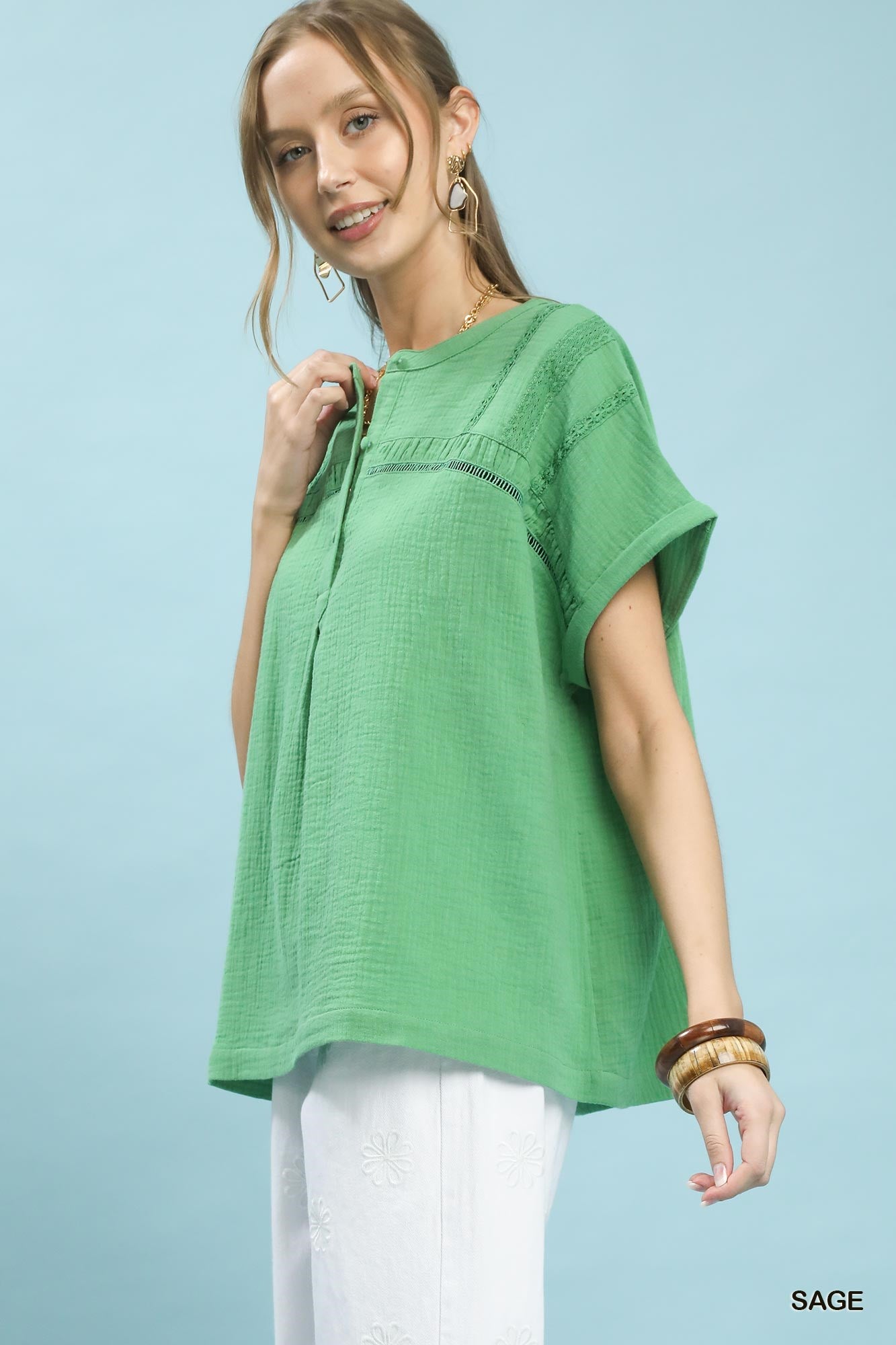 Umgee Textured Gauze Split-Neck Boho Blouse ab3a1400-0d0e-4c5e-9653-bab48d40d08b-Max