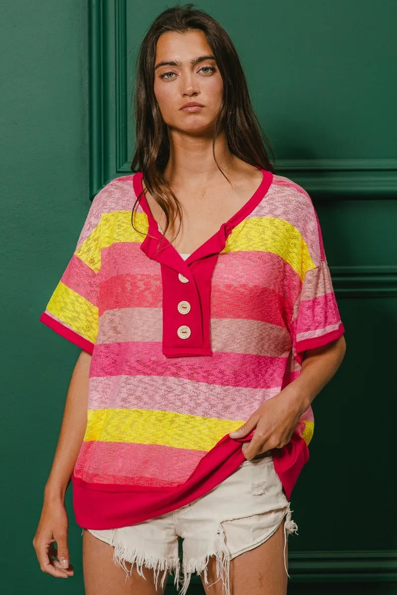 BiBi Multi Color Stripe Hacci Button Detail Ringer Top ab3ecc93c8594100b4495d5b65b66373-Max-Origin