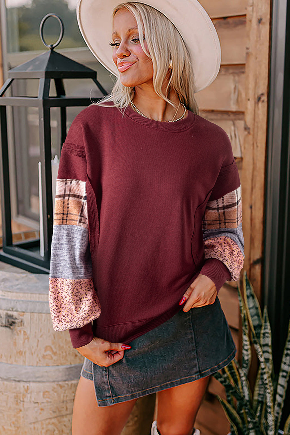 Smoke Gray Plaid Patchwork Sleeve Raw Seam Sweatshirt ab42b6cee4a72392