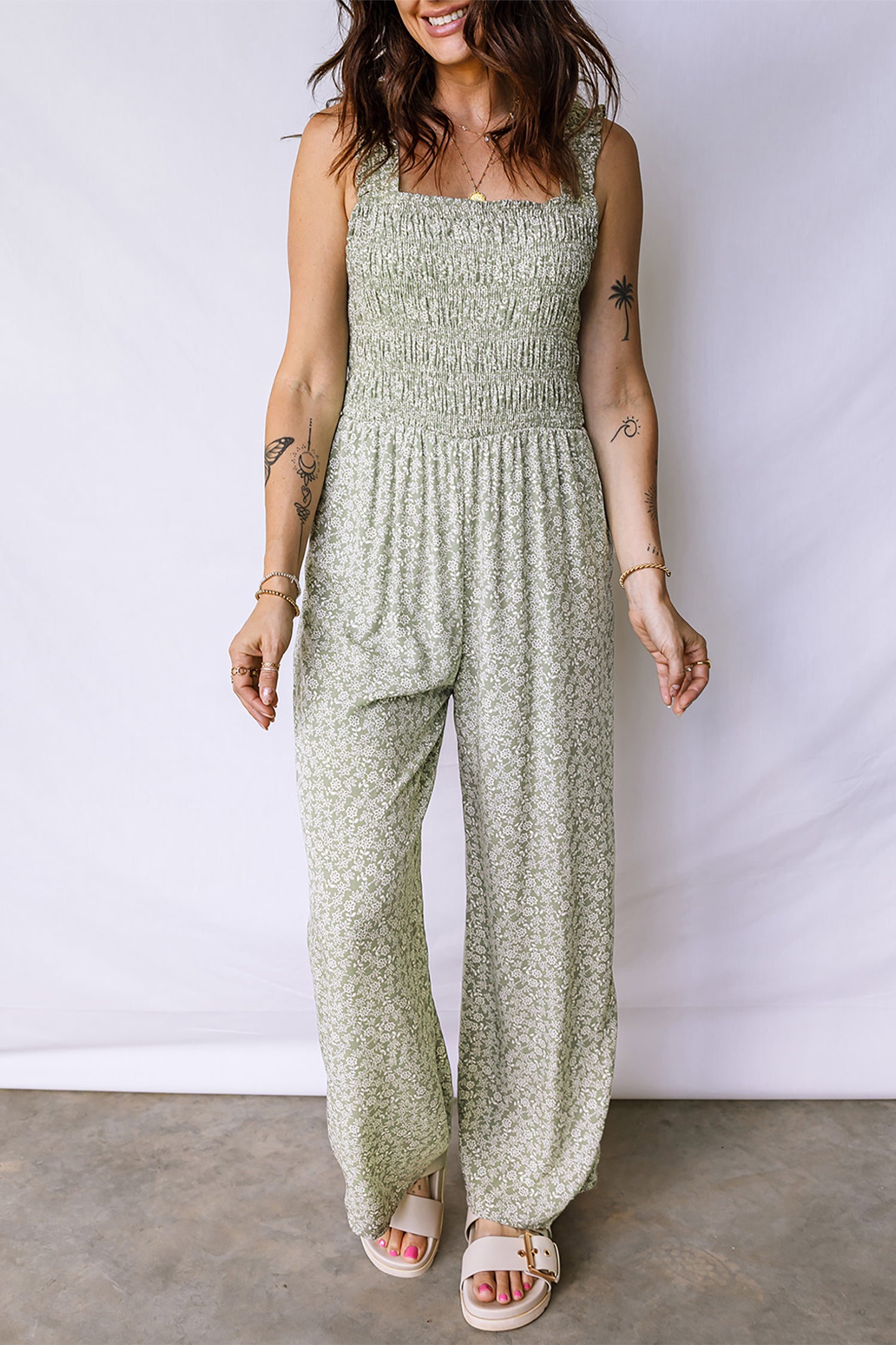 Green Smocked Bodice Square Neck Sleeveless Floral Jumpsuit ab4b95be7f6f2aeb