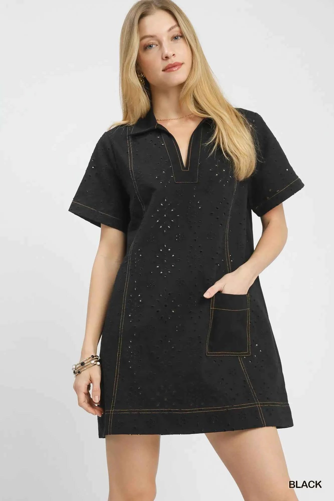 Umgee Eyelet Short Sleeve Shift Dress with Pocket Black ab4f6b3f-1640-4ab7-9760-0149126db24b-Max-Origin
