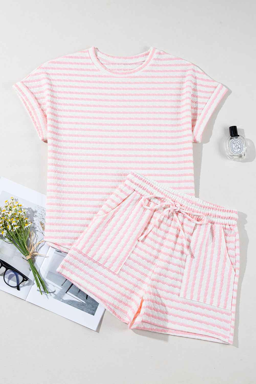 Sky Blue Striped Print Short Sleeve Top and Pocket Shorts Set ab50778fc3bed2df