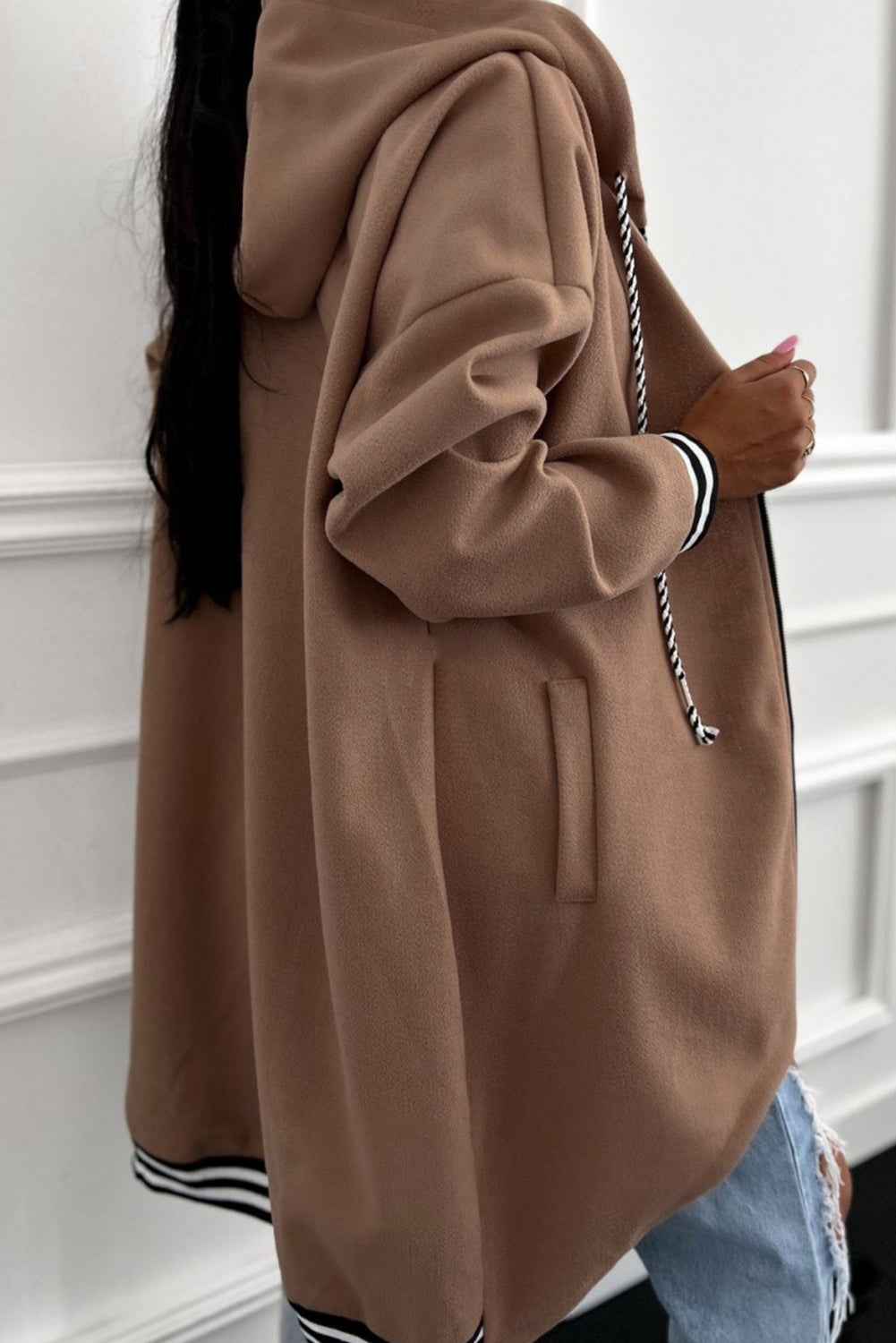 Dark Khaki Contrast Cuffed Drop Shoulder Zip up Tunic Hoodie ab51be024034ba9a