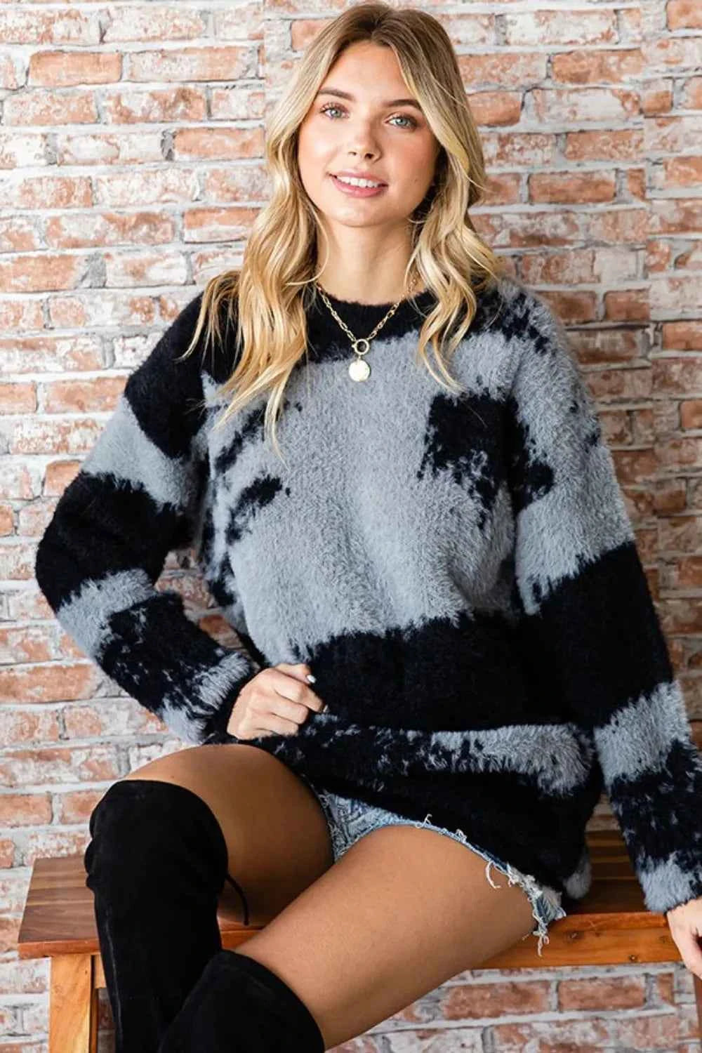 First Love Full Size Abstract Pattern Contrast Feather Yarn Sweater Black Multi ab56dfe1-6f26-474a-9654-655b3026b3f2-Max