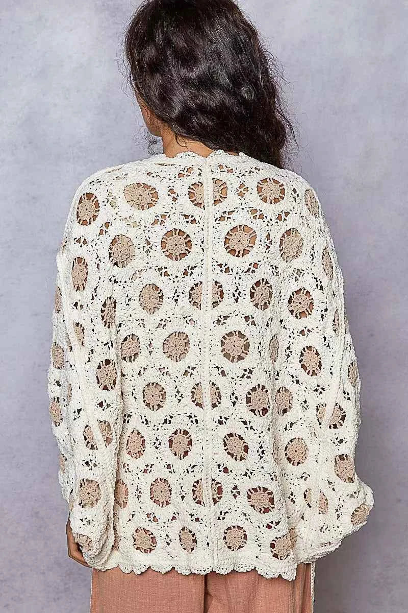 POL Openwork V-Neck Chenille Cardigan with Contrast Floral ab5712d1-7a03-4910-a5dd-a0e85b488fdc-Max-Origin