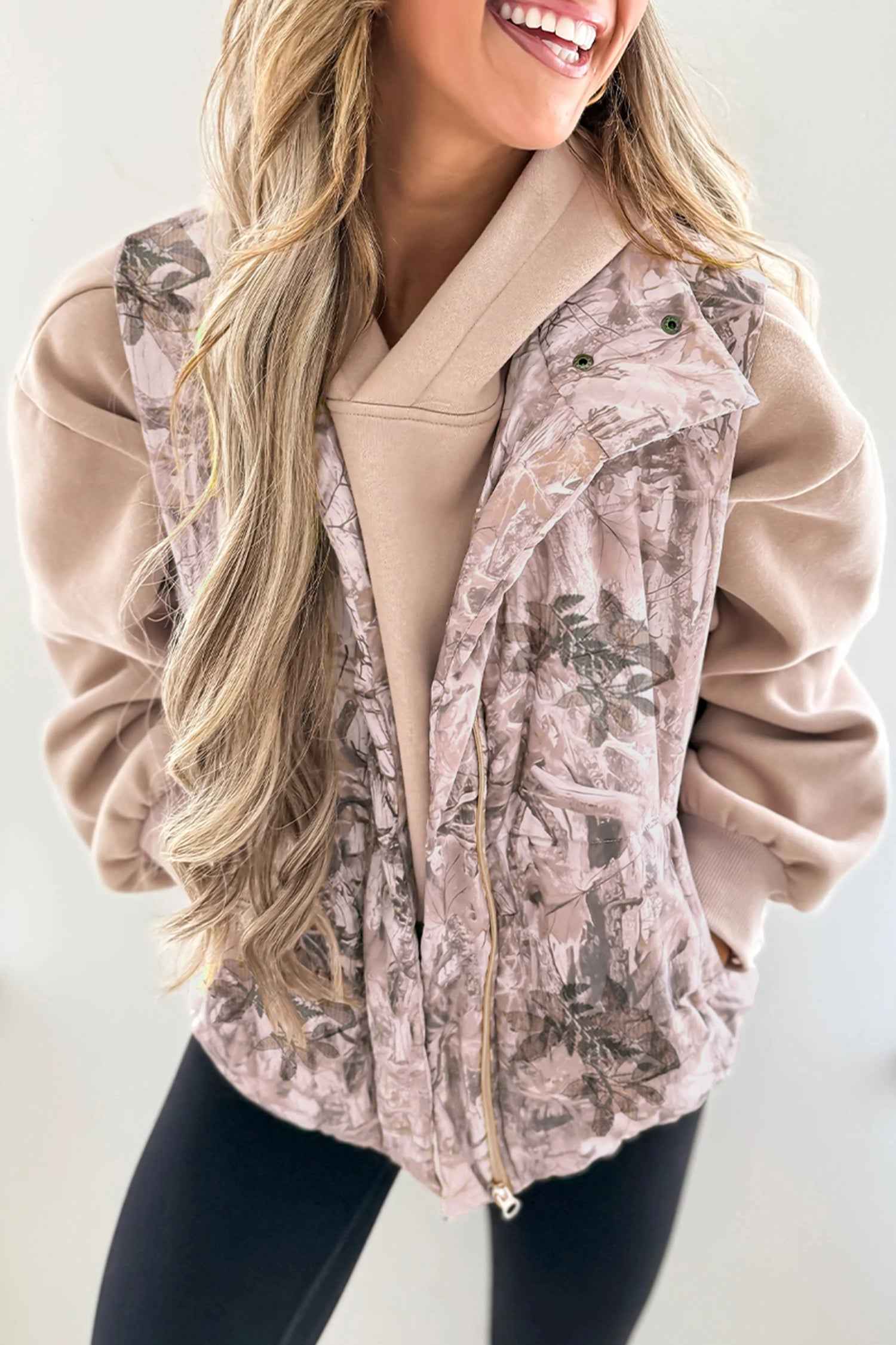 Gray Camo Leaf Print Winter Puffer Vest Brown Shell:100%Polyester+Lining:100%Polyester+Filling:100%Polyester ab575b61ce786911