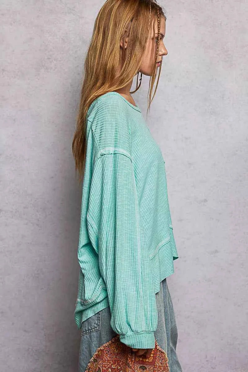 Round Neck Long Sleeve Exposed Seam Top with Chest Pocket ab5a79a9-dfa5-4c9d-972a-5b053cb4cd54-Max-Origin
