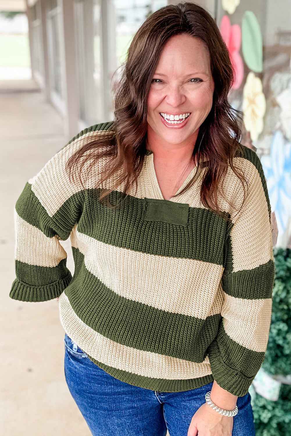 Green Stripe Colorblock Notched Neck Plus Size Sweater ab5b07fb2b83c6b2