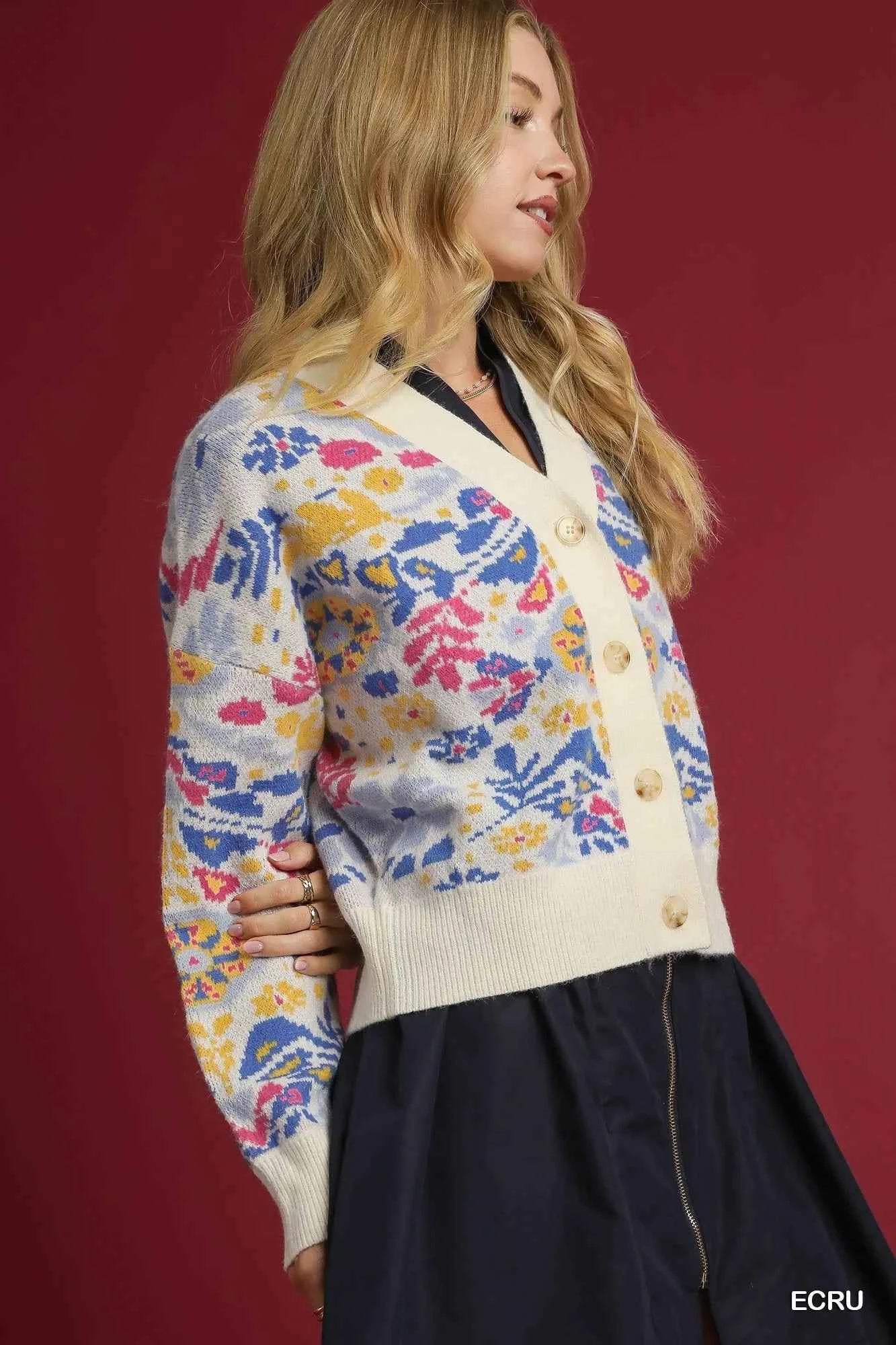 Umgee Floral Button-Up V-Neck Cardigan ab5c1a25-9952-4f79-a37e-f344f7f006a6-Max-Origin