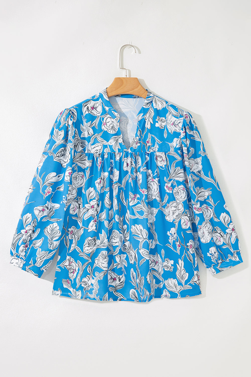 Sky Blue Vintage Floral Print V-Neck Bubble Sleeve Blouse ab64e2be4702c074
