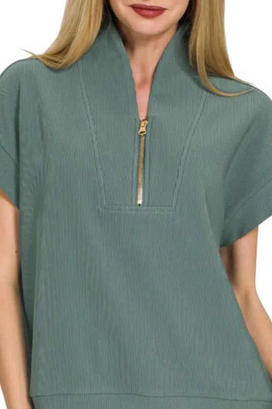 Ribbed High Neck Half Zip Top ab650af0-7814-4859-b3c3-4f873487e0d0-Max-Origin