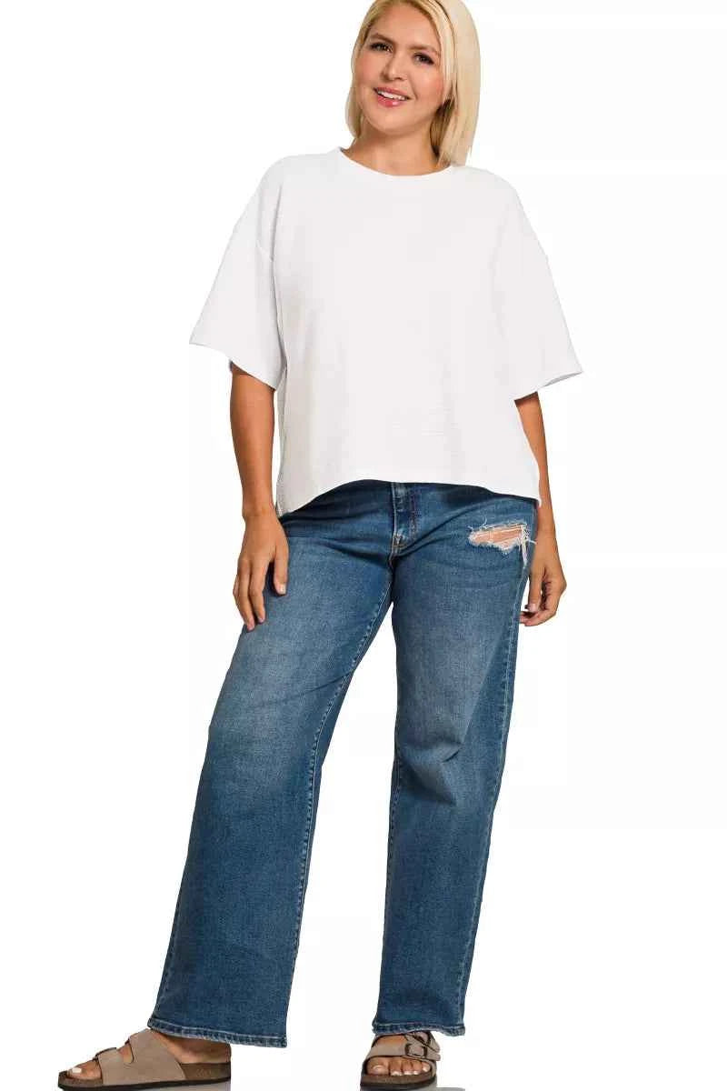 Zenana Full Size Double Knit Side Slits Hi Low Short Sleeve Top Plus Size ab6545b2-0e70-4119-a7ab-922a8753a6bd-Max-Origin