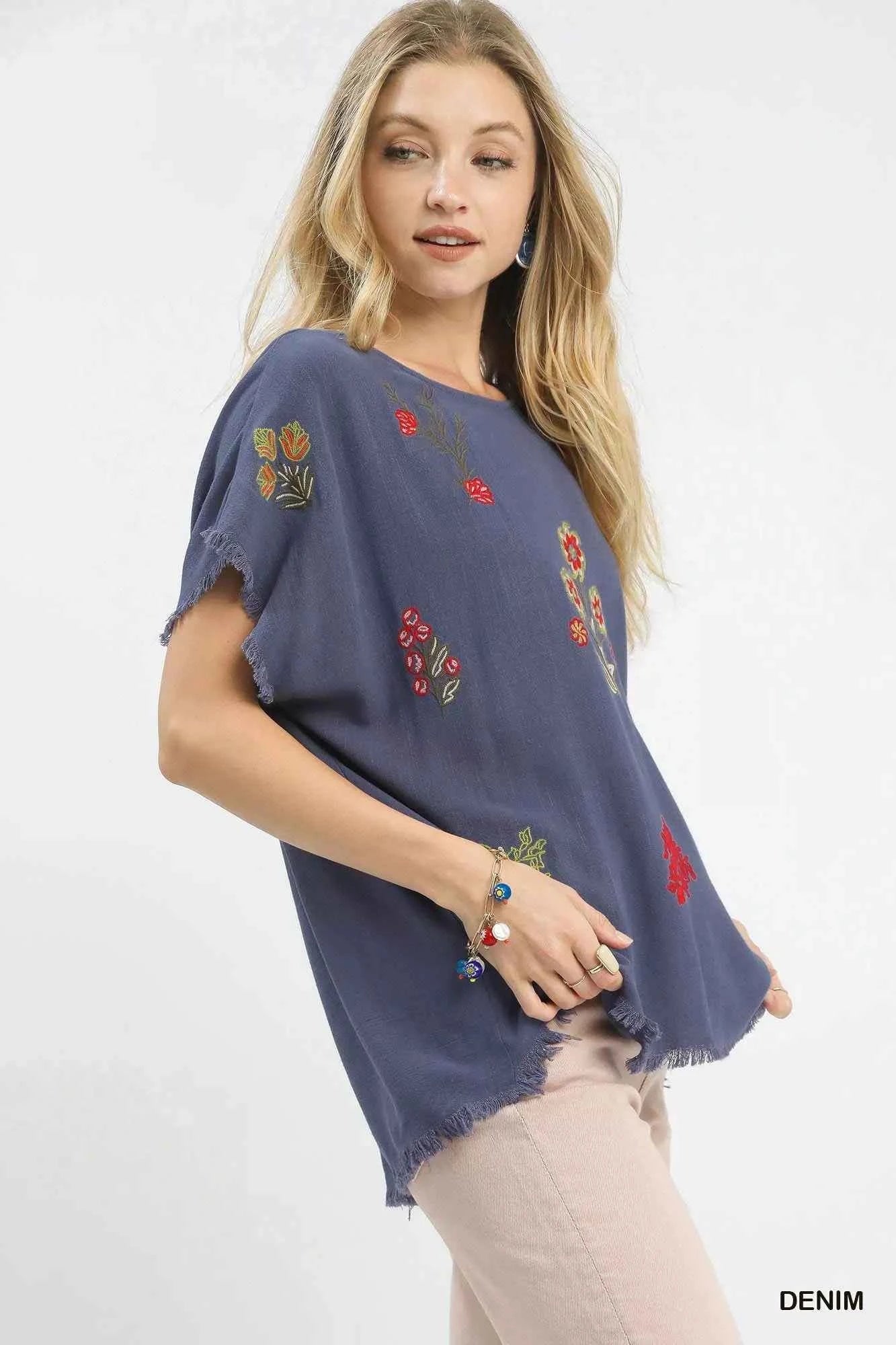 Linen Blend Embroidered Frayed Hem Top ab6d20ea-e4e9-4e7a-90ec-0932cd5ad90d-Max-Origin