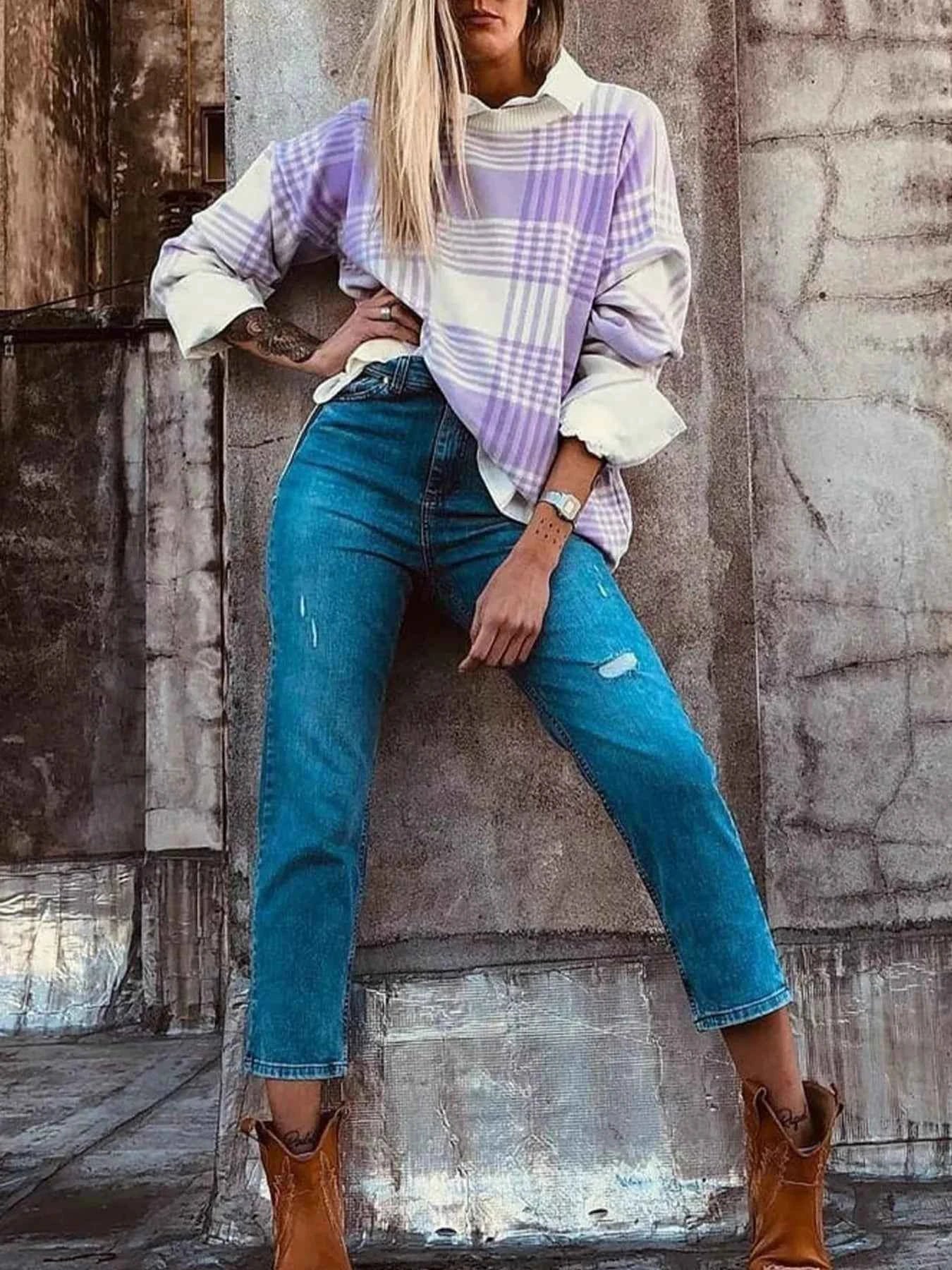 Plaid Round Neck Long Sleeve Sweater ab750f3b-6adb-4ff8-9fca-becc6d2d0415-Max-Origin