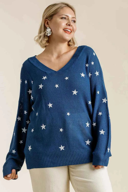 Full Size Star V-Neck Long Sleeve Sweater Plus Size ab75db69-8b36-40dd-bc35-782d0fe12f4a-Max