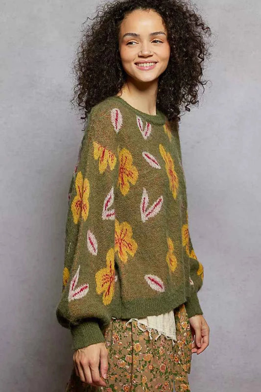 Floral Pattern Round Neck Balloon Sleeve Sweater ab78c4b4-9bfa-40f6-99b1-a65bd247dfd1-Max-Origin