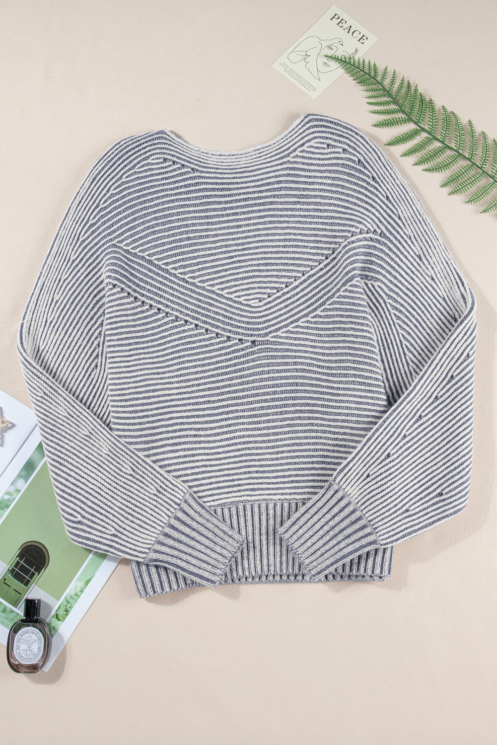 Black Striped Print Ribbed Knit Raglan Sleeve Baggy Sweater ab799fe520a83b84