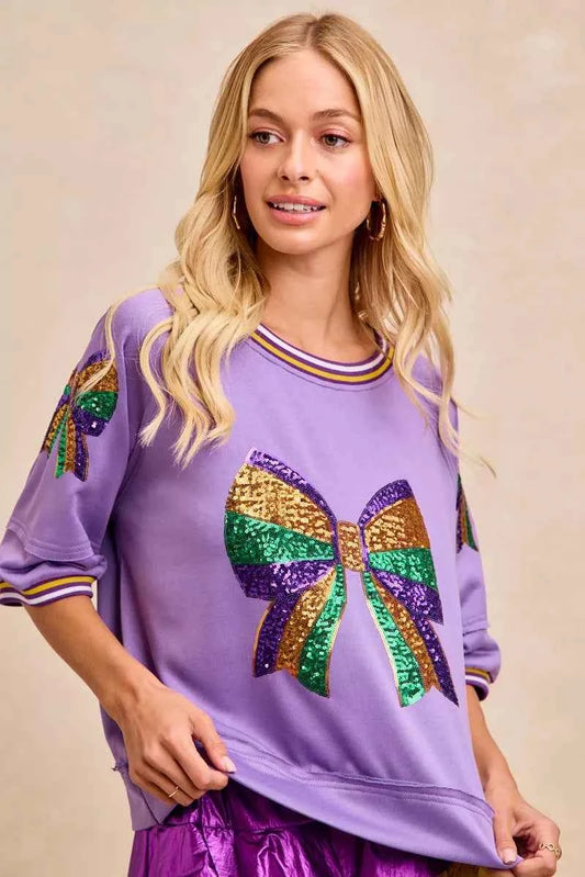 Mardi Gras Theme Ribbon Sequin Patched Top ab7c72e545144ff8aa307ca98dbb08f0-Max-Origin