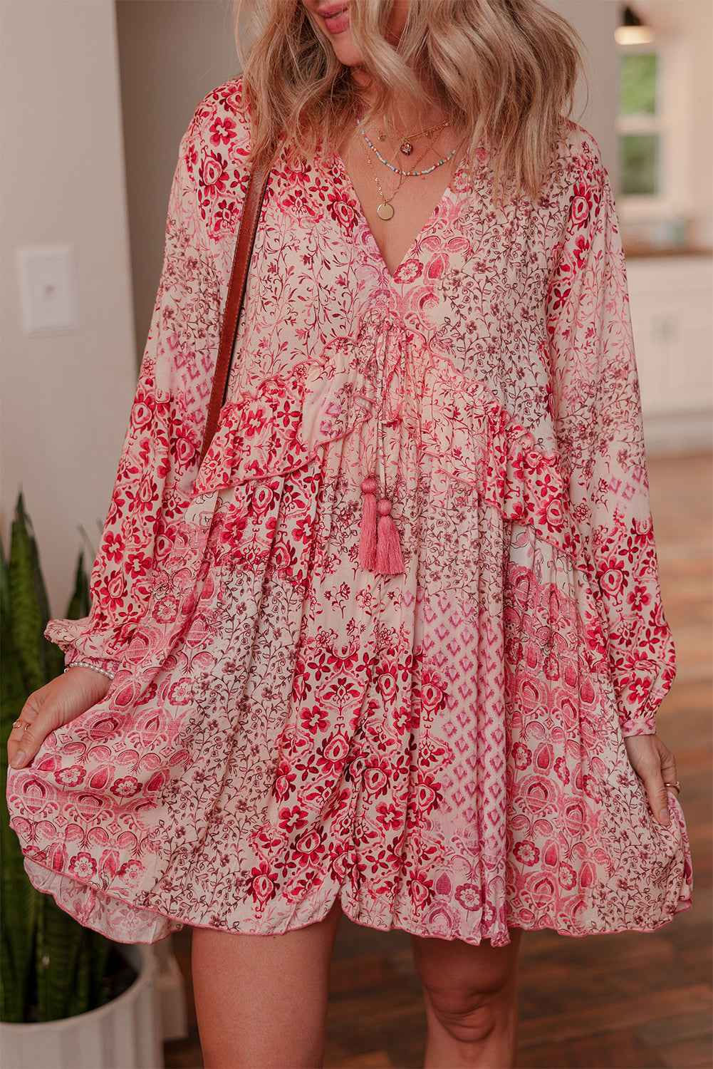 Pink Bohemian Floral Print Tassel Tie Long Sleeve Flowy Mini Dress Pink 100%Viscose ab7e4f37b138d876