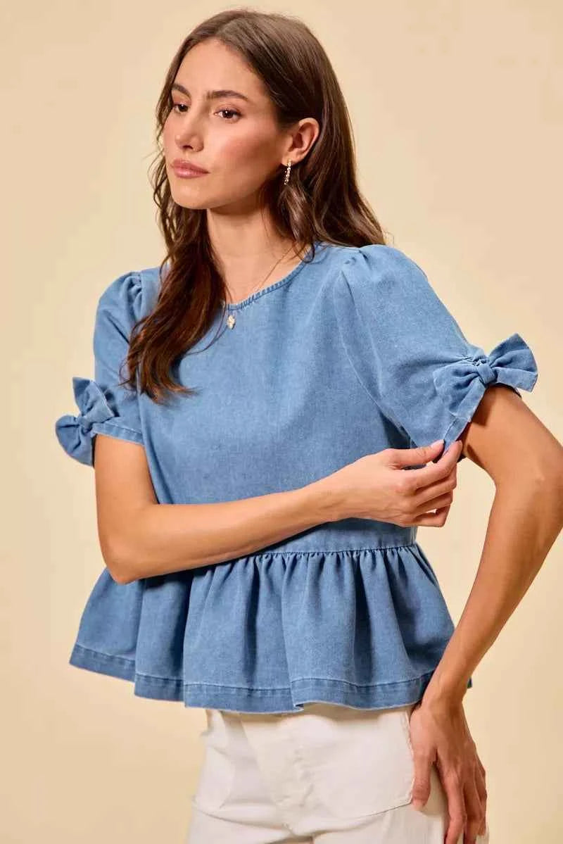 SO ME Denim Bow Detail Short Sleeves Peplum Top ab81a1f4c9034d78aa80d0ae097dcded-Max-Origin