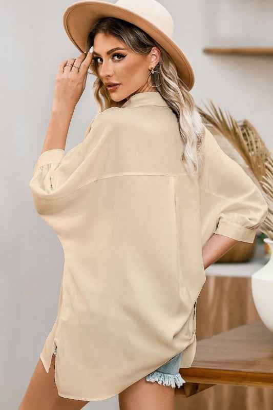 Solid 3/4 Puff Sleeve Oversize Shirt ab81f7b6-7358-4965-99c9-1265384c1e03