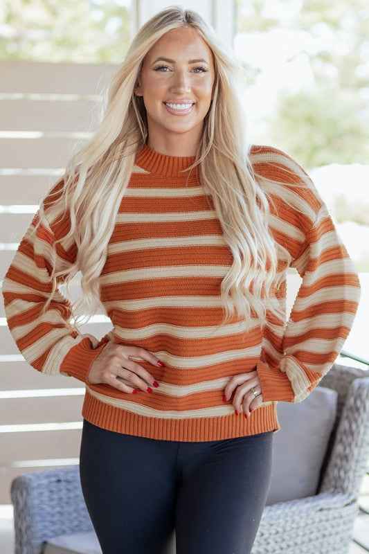 Stripe Ribbed Trim Drop Shoulder Sweater ab845f61-9da0-43ea-8621-78a1a8e4a7b3