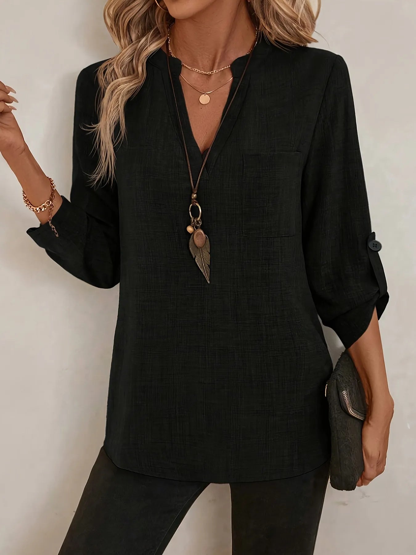 Notched Roll-Tab Sleeves Blouse Black ab89340ae1de472dbeda0717ece43c48-Max-Origin