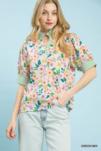 Umgee Floral Print Jacquard Ruffle Top GREEN MIX ab8a4973-fc04-41cf-bcdd-aef9f8665b04-Max